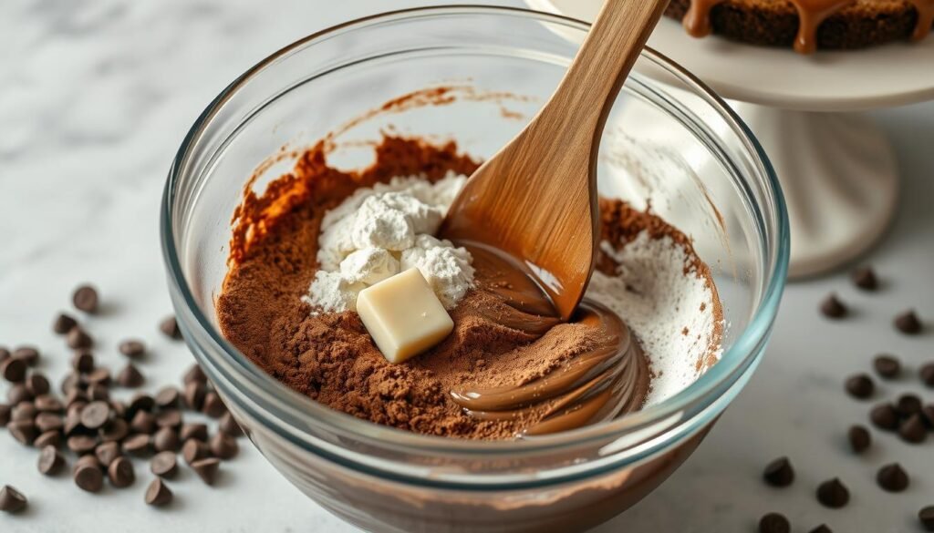 Reverse creaming chocolate cake mixing method