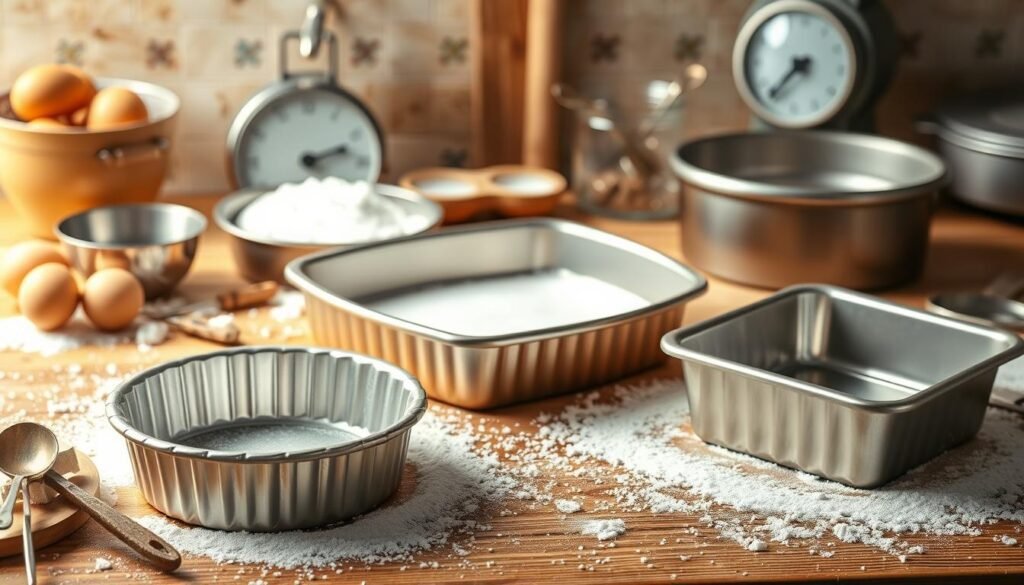 The image features a collection of baking essentials on a wooden countertop, including an assortment of cake pans in various shapes and sizes, such as round, square, and fluted. Surrounding the pans are baking ingredients like eggs, flour, and measuring spoons, along with tools like kitchen scales and mixing bowls. This setup illustrates the importance of selecting the right pan and understanding how adjusting a cake recipe for pan size can ensure evenly baked and perfectly proportioned cakes.