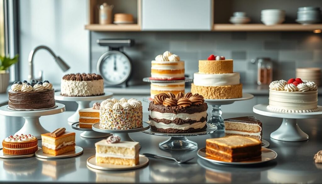 The image showcases a variety of beautifully decorated cakes arranged on a kitchen countertop, each presented on elegant cake stands and plates. The assortment includes layered cakes with fruit toppings, chocolate-frosted cakes, and vibrant sprinkle-covered cakes, alongside neatly sliced cake portions. The scene embodies a home-baker’s kitchen with tools and equipment like a scale in the background. For anyone adjusting a cake recipe for pan size, this visually highlights the diverse possibilities of cake presentations and their achievable perfection when proportions are calculated correctly.