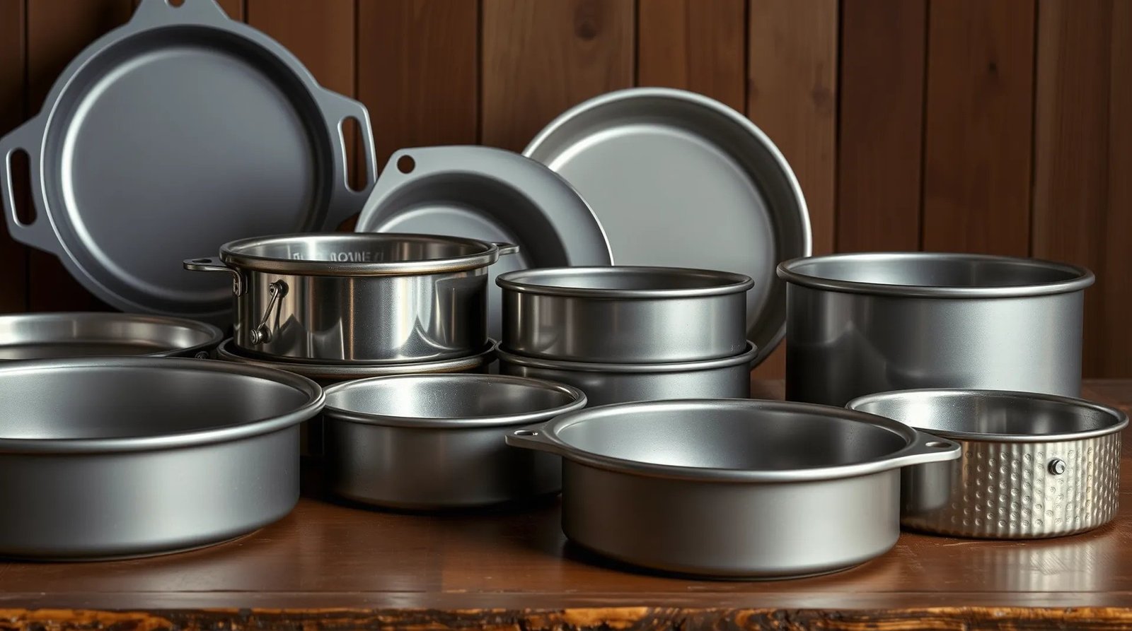 A collection of various baking pans, including round cake pans, springform pans, and pie dishes, arranged on a wooden surface. The assortment showcases different sizes and styles, making it perfect for a Baking Pan Conversion Calculator.