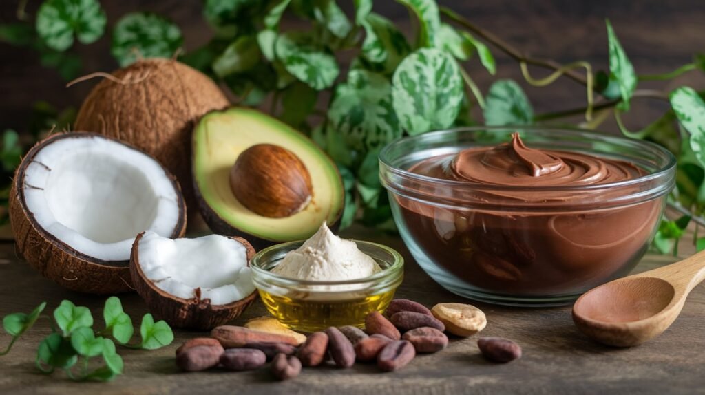 A bowl of chocolate ganache surrounded by natural fats like coconut, avocado, cocoa butter, and oil, illustrating eco-friendly and healthy alternatives for chocolate cake baking.