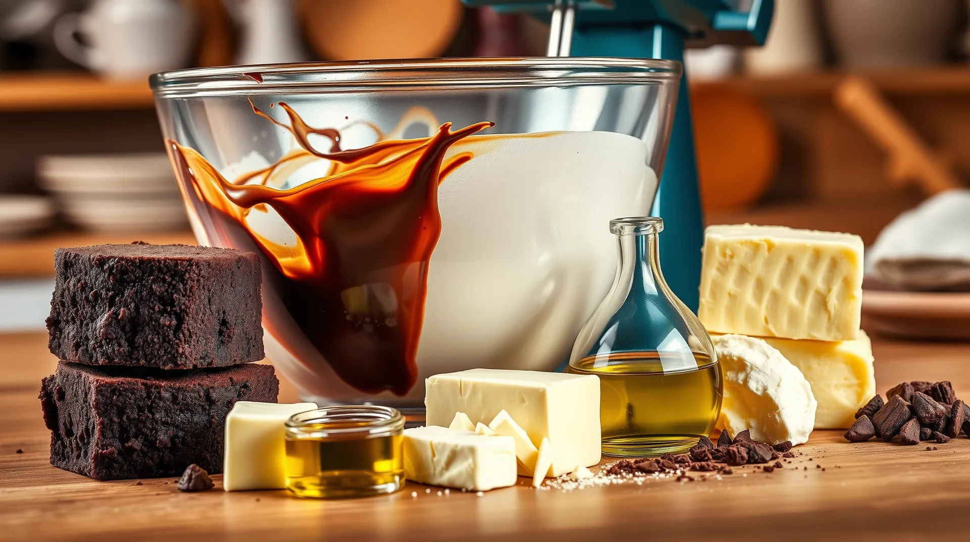 Essential fats in chocolate cake baking: butter, oil, and chocolate pieces next to a mixing bowl filled with cream and rich cocoa for creating moist and flavorful cakes.