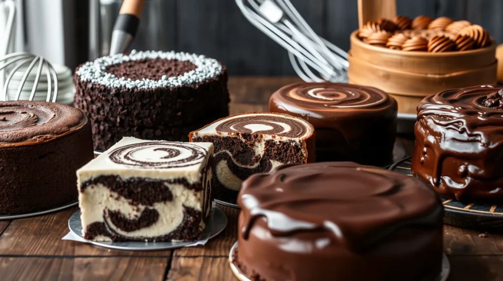 Assorted chocolate desserts showcasing different baking techniques and fats, including a moist chocolate brownie, marbled chocolate cheesecake with swirled patterns, and chocolate-glazed cakes. The varied textures demonstrate how different fats in chocolate cake baking create unique results, from dense fudgy layers to smooth ganache toppings.