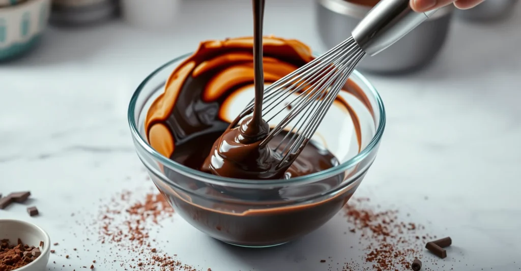 Chocolate ganache emulsion process Silky smooth chocolate ganache for cake frosting being whisked in a glass bowl, creating a rich and glossy texture. Perfect for baking and decorating cakes.