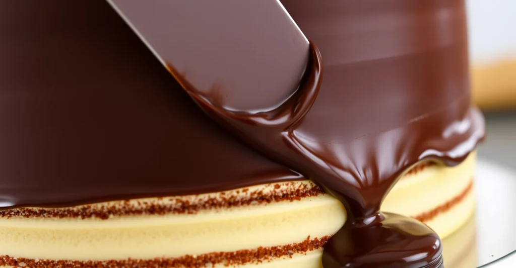 ganache smoothing techniques Silky chocolate ganache being applied to layered cake with metal spatula, showing perfect pouring consistency and glossy finish - professional chocolate ganache for cake frosting technique demonstration